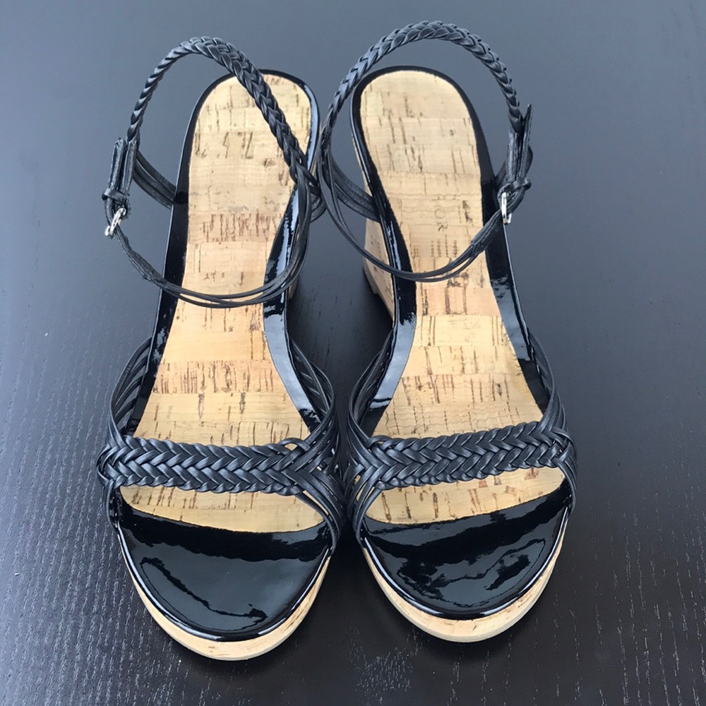 Black Braided Strappy Peep Toe Cork Wedges
